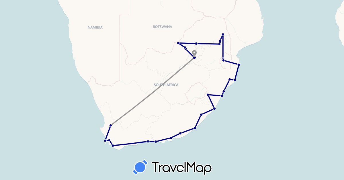 TravelMap itinerary: driving, plane in Swaziland, South Africa (Africa)
